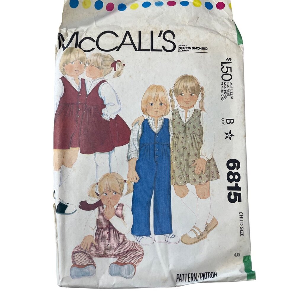 70s McCalls 6815 Sewing Pattern Size 5 Childrens Jumper Jumpsuit and Shirt CUT